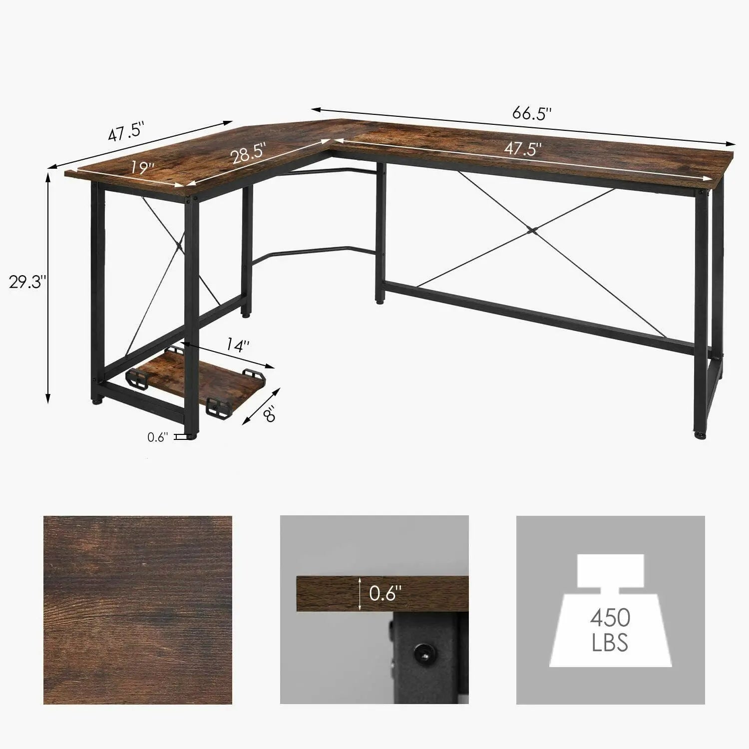 L-vormig Bureau – Hoekbureau – Computertafel – Werkplek Bureau – Gaming Desk – Retro Design – MDF Blad met Stabiel Metalen Frame – Inclusief CPU-standaard - QUORE