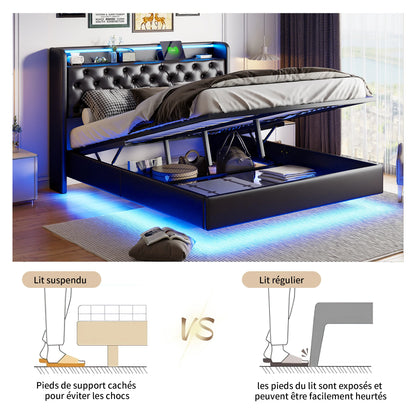 Rosahqnda Polsterbett, Doppelbett mit USB-Ladefunktion, LED-Beleuchtung, Kopfteil mit Stauraum,Versteckte Bettfüße, Leder-Finish