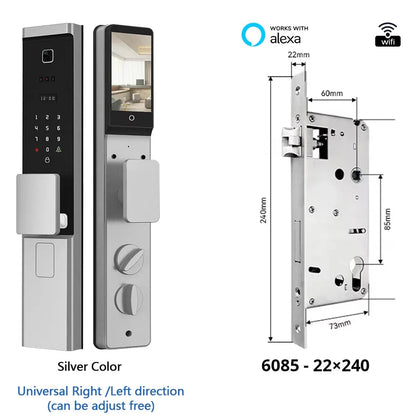 Slimme Deurslot – Elektronisch Slot – Digitale Deurslot – Smart Lock – Biometrisch Slot – 3D Gezichtsherkenning – Weerbestendig Aluminium - Zilverkleur - 22x240 - 6085 insteek - QUORE