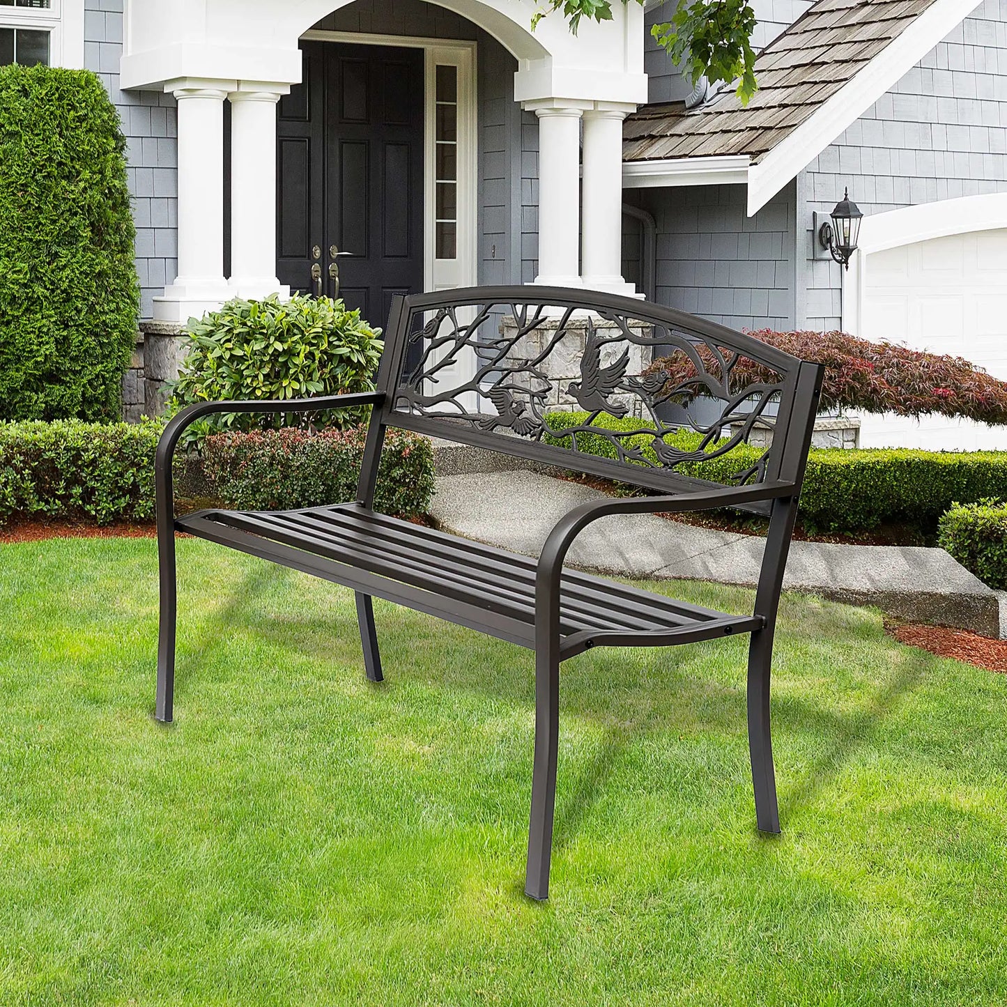 Tuin Bank - Tuinbank Hout - Tuinbanken - Garden Furniture - Stalen Tuinbank met Decoratieve Rugleuning en Dierenmotief - 127x60x85 cm - Chocoladebruin - QUORE