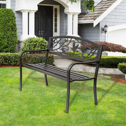 Tuin Bank - Tuinbank Hout - Tuinbanken - Garden Furniture - Stalen Tuinbank met Decoratieve Rugleuning en Dierenmotief - 127x60x85 cm - Chocoladebruin - QUORE