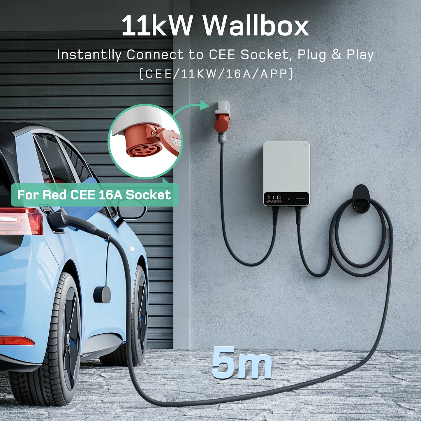 Wallbox 11kW – Oplaadpaal – EV Charger – Laadstation – Elektrische Auto Lader – 5 Meter Type 2 Kabel – Slim Laden Met App – Veiligheid Met Differentieel