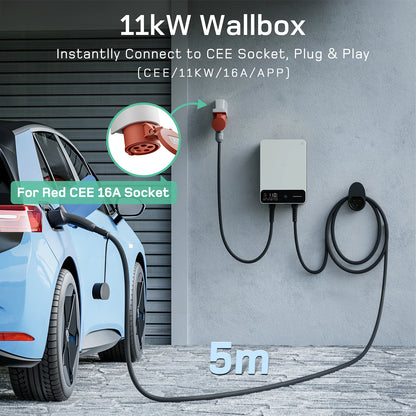 Wallbox 11kW – Oplaadpaal – EV Charger – Laadstation – Elektrische Auto Lader – 5 Meter Type 2 Kabel – Slim Laden Met App – Veiligheid Met Differentieel