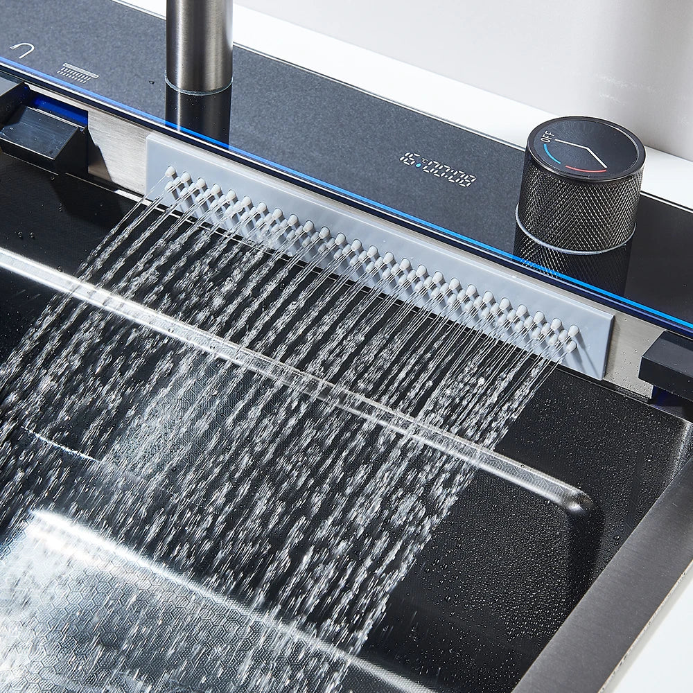 304 Stainless Steel Waterfall Kitchen Sink Large Single Slot Integrated Digital Display Faucet Set Soap Dispenser 75*45cm