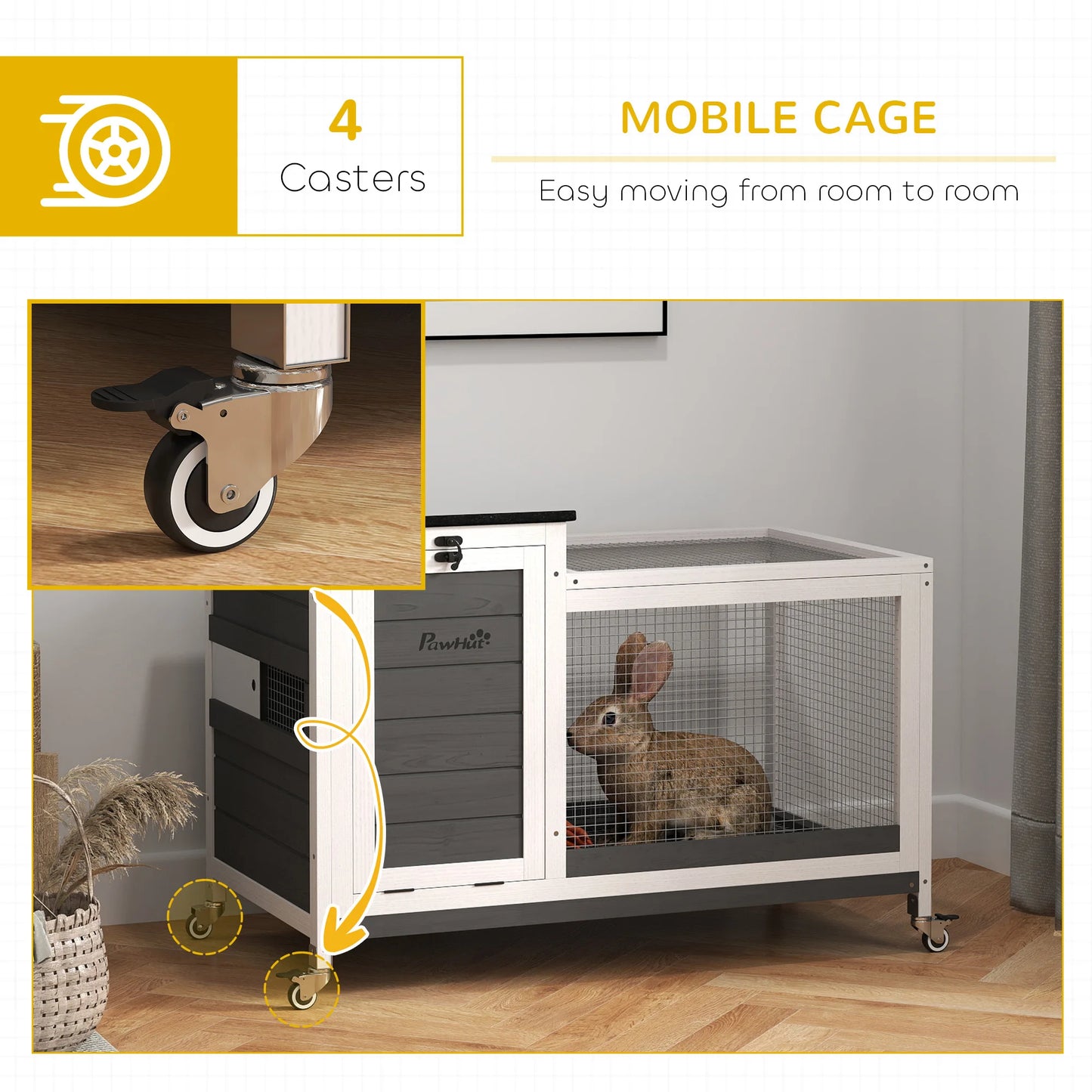 Houten Dierenren – Buitenren – Konijnenhok – Kleine Dierenhok – Waterbestendig Dak – Uitneembare Lade - 91 x 51 x 66 cm - Wit & Donkergrijs - QUORE