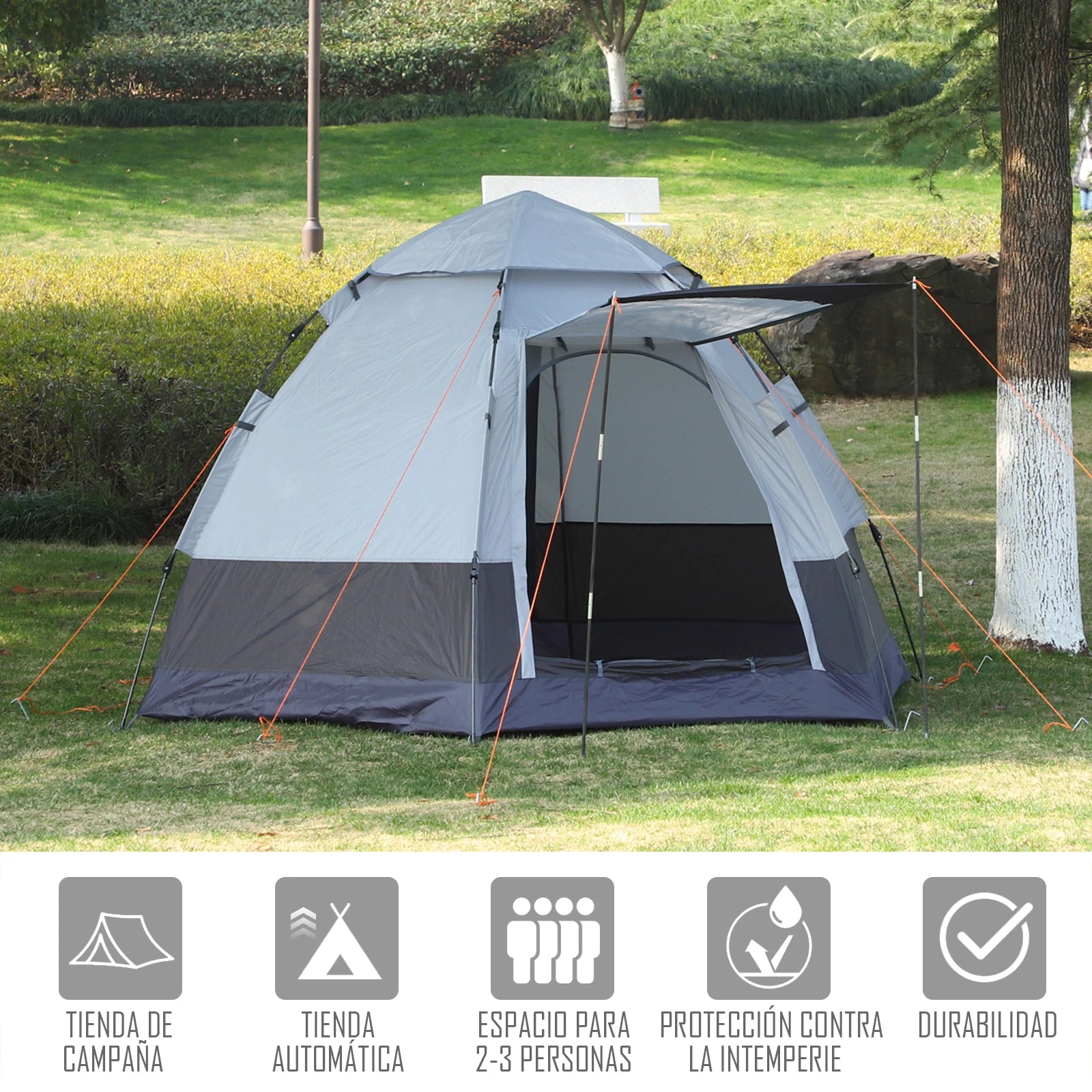 Opvouwbare Tent voor 2-3 Personen - 260x260x150 cm Zwart en Grijs - Waterdicht - UV-Bestendig - Draagtas en Accessoires Inclusief - QUORE