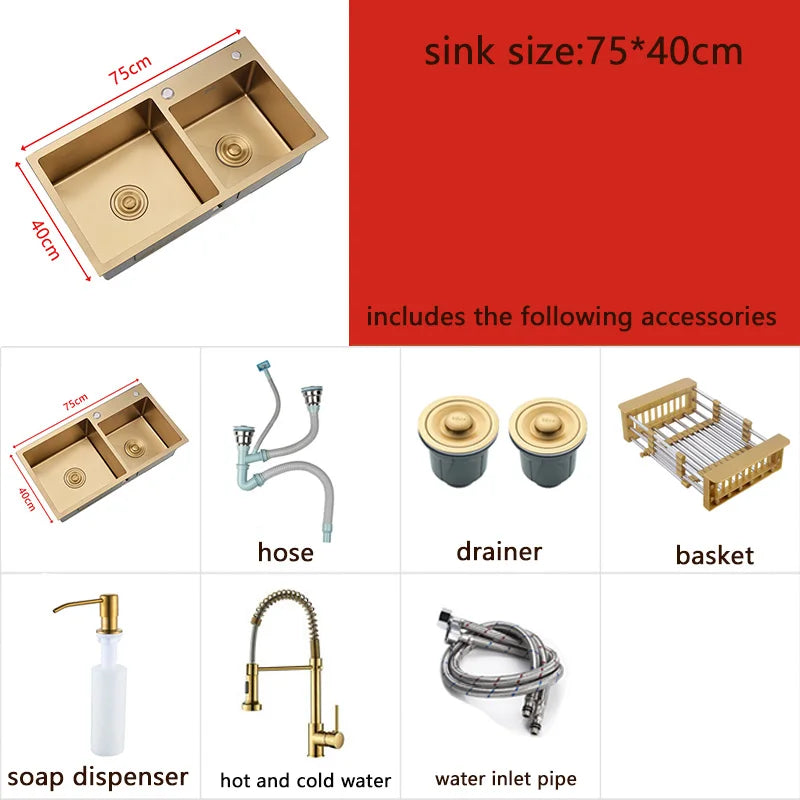 Dubbele Spoelbak – Keukenspoelbak – Wasbak – Gouden Spoeltafel – Rechthoekige Spoelbak – Roestvrij Staal 304 – Afmeting 75x40 cm – Inclusief Zeefmand en Zeepdispenser