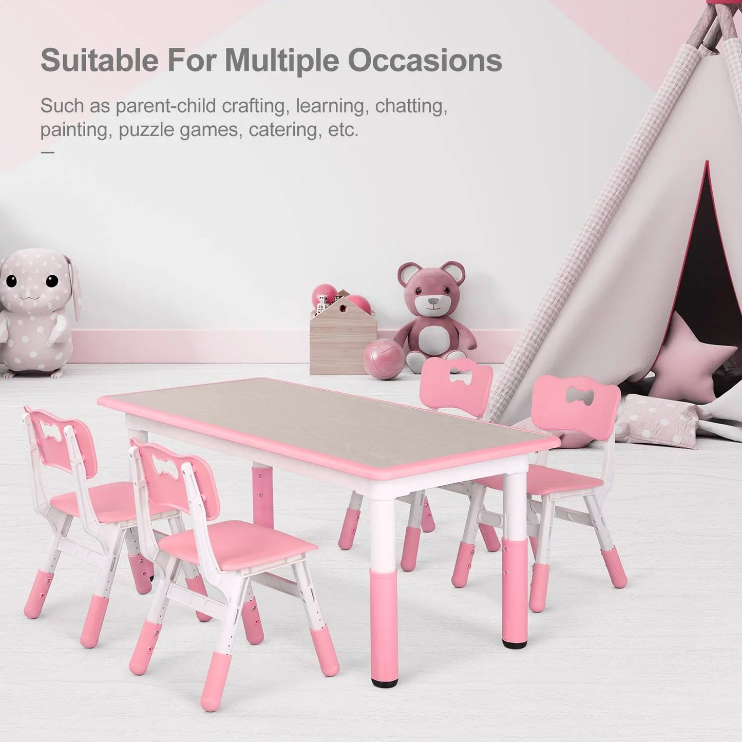 Kindertafelset – Kindermeubelset – Speeltafel Kinderen – Kinderbureau – Kinderstoelen – Verstelbare Hoogte – Duurzaam HDPE Materiaal - Roze - QUORE