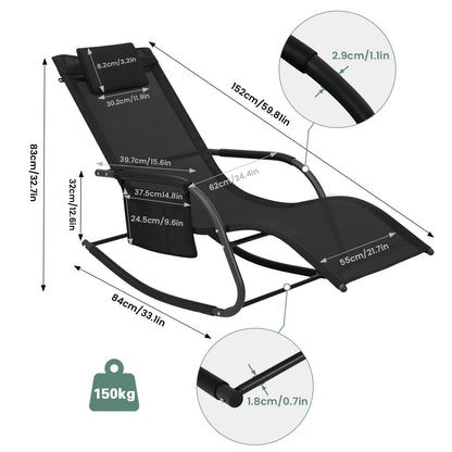 Tuinligstoel - Ligstoel - Outdoor Loungestoel - Schommelstoel - Campingstoel - Inklapbaar - Zonnebed - met Zijvak - en Hoofdkussen - 152x83x62cm -voor Balkon - Tuin - Terras - Strand - Zwembad - Grijs