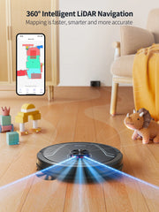 Robotstofzuiger - Robotstofzuiger met dweilfunctie - Lasernavigator - Max. zuigkracht 5000 Pa - 180 minuten Zelfopladende app-bediening - Zwart