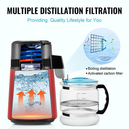 Destilleerapparaat - Water Destilleerapparaat - Waterdispenser - Waterdistilleerder - 4L - Krachtige 750W Waterzuiveraar voor Thuisgebruik - Rood - QUORE