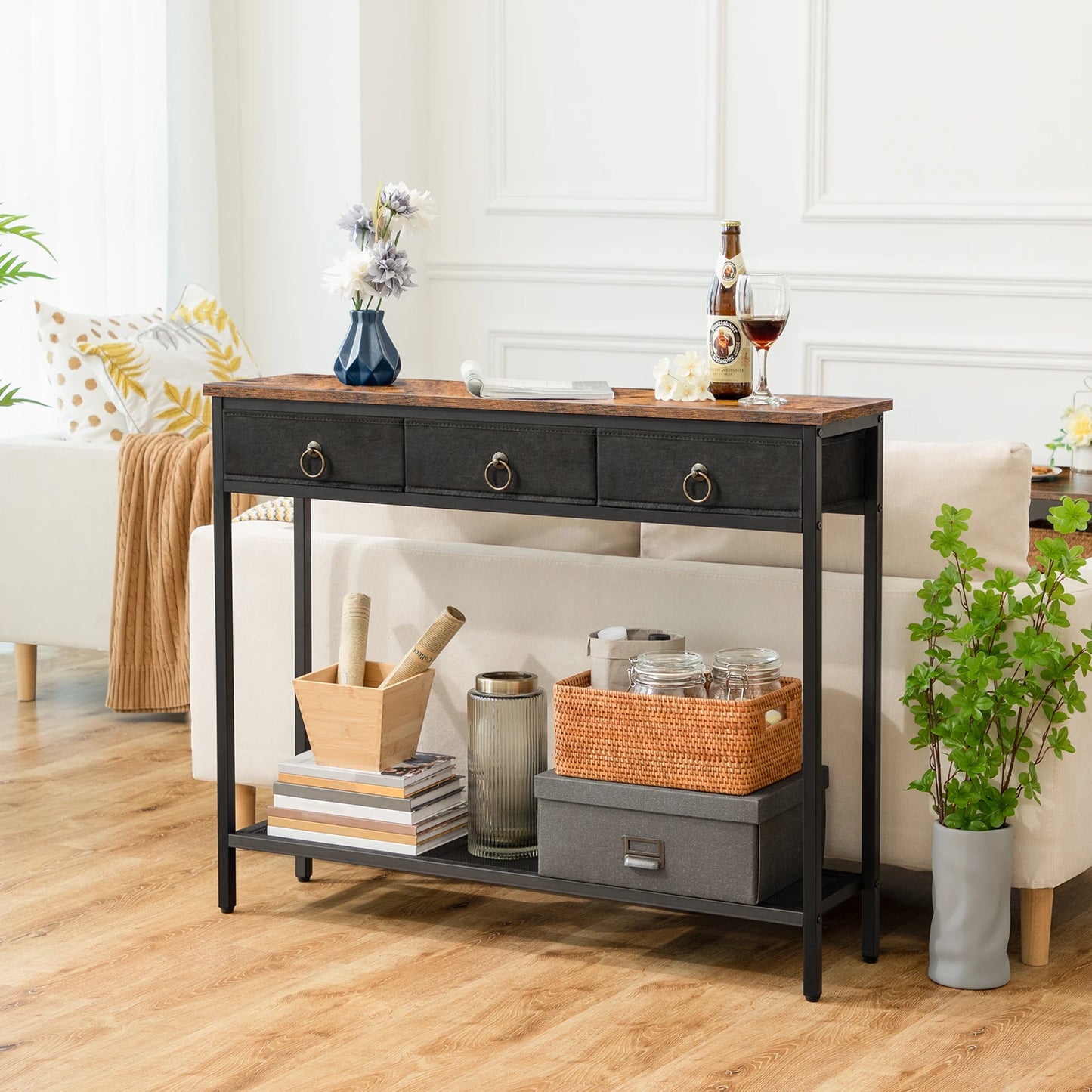 Wandtafel met 3 Lades - Consoletafel / Haltafel - Sidetable Zwart Hout - 100x25x80cm - Perfect voor Hal - Woonkamer of Slaapkamer