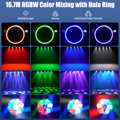 Moving Head Licht – DJ Licht – Podiumlicht – LED Spot – RGBW Verlichting – EU Plug – 300W Zoom & Focus – 7x40W RGBW LEDs met Halo Ring - QUORE