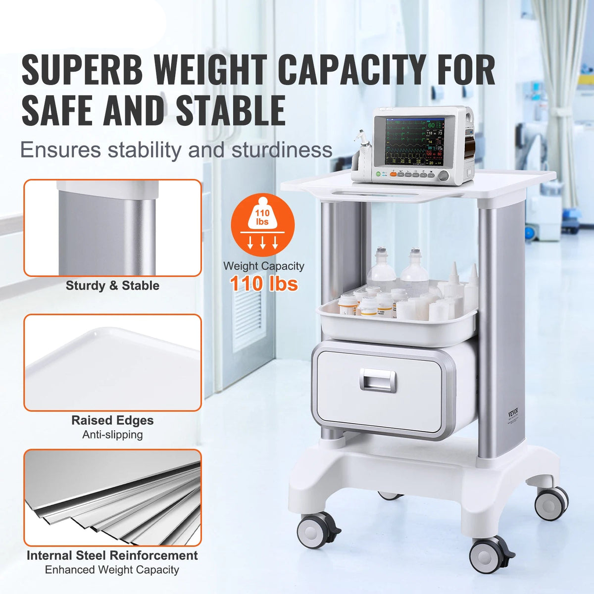 Laboratoriumkar - Wagen - Kar - Wit 4 PP 3 4 - met ABS Materiaal Lab Rolling Cart - voor Lab Kliniek Ziekenhuis Salon