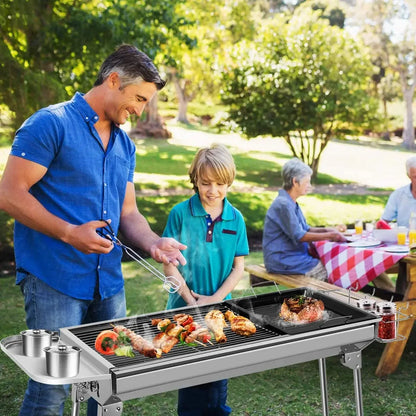 Houtskoolgrill - Barbecue - Houtskoolbarbecue - Buitenkeuken - voor 5-10 personen - Campinggrill - Inklapbaar - Opvouwbare - Draagbare - voor Camping - Tuin - Picknick - Feest - RVS - 100 x 33.5 x 70 cm - Zilver