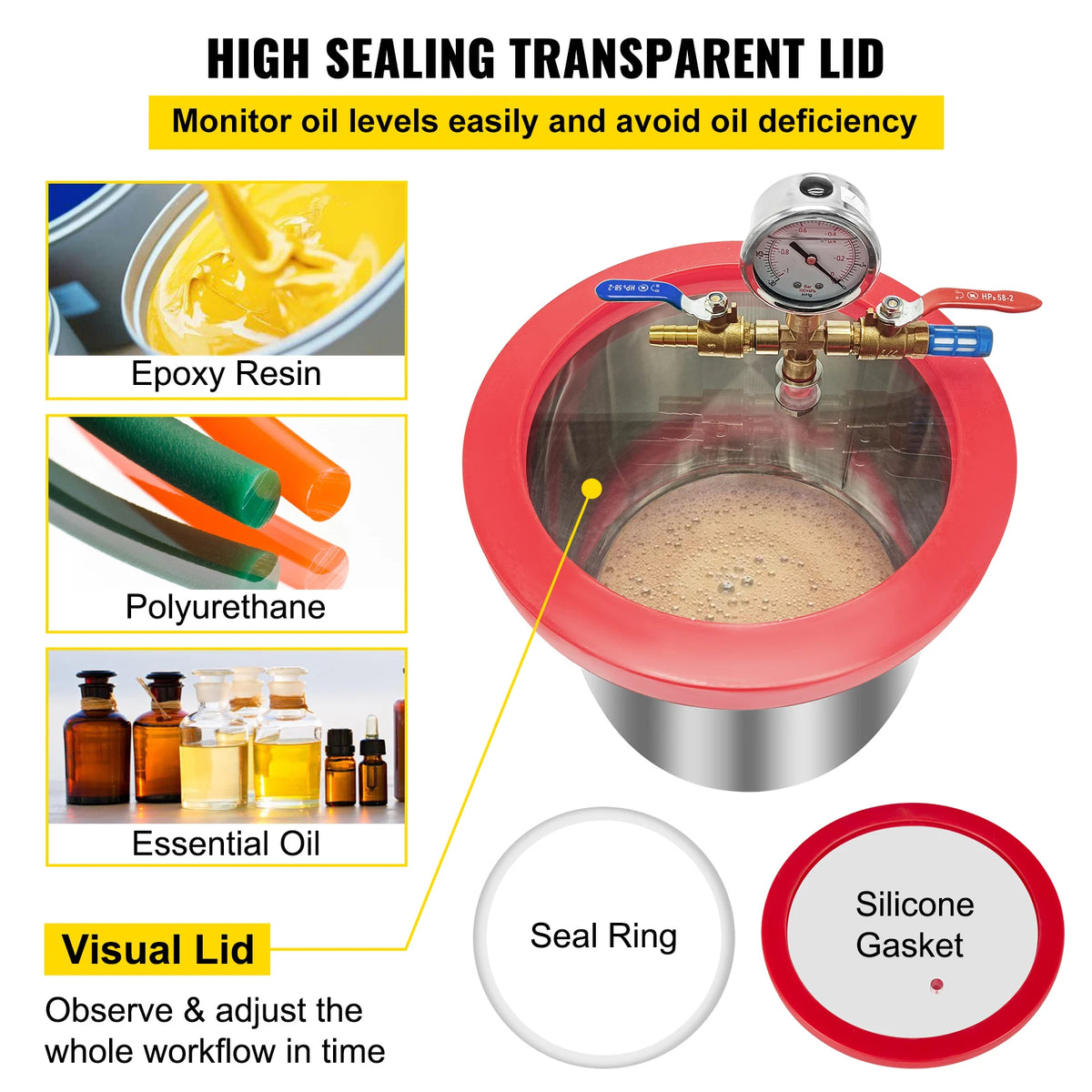 Vevor - Vacuum Chamber - 1.5 Gallon Vacuum Degassing Chamber - Glass Lid - Stainless Steel Degassing Chamber - Silicone for Gas Extraction - Silver