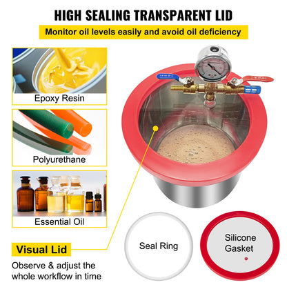 Vevor - Vacuum Chamber - 1.5 Gallon Vacuum Degassing Chamber - Glass Lid - Stainless Steel Degassing Chamber - Silicone for Gas Extraction - Silver