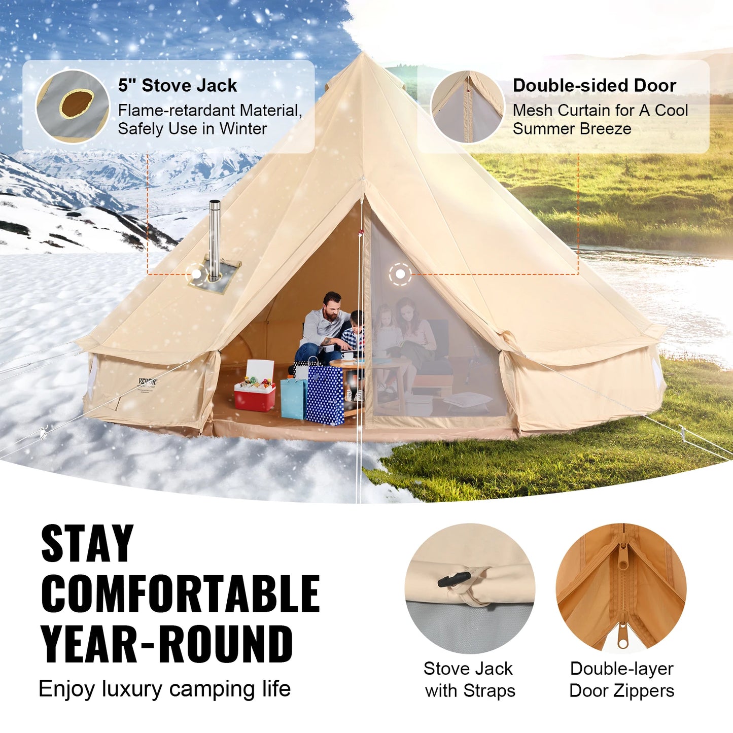 Canvas Bell Tent - Tent - Pop up tent- Kampeertent - 5M Diameter – Tipi tent - 4-Seizoenen Gebruik – Ademend & Waterdicht – Inclusief Kachelopening – Geschikt voor Kamperen & Outdoor