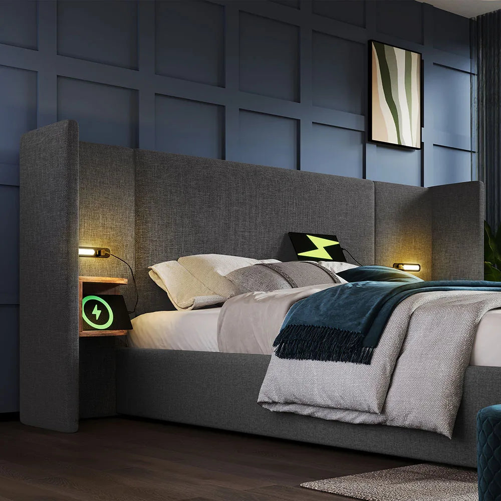 Led Bed – Tweepersoonsbed – Gestoffeerd Bed – Opbergbed – Slaapbank – 180x200 cm – Linnen Materiaal – USB & 16-Kleuren LED Verlichting - QUORE