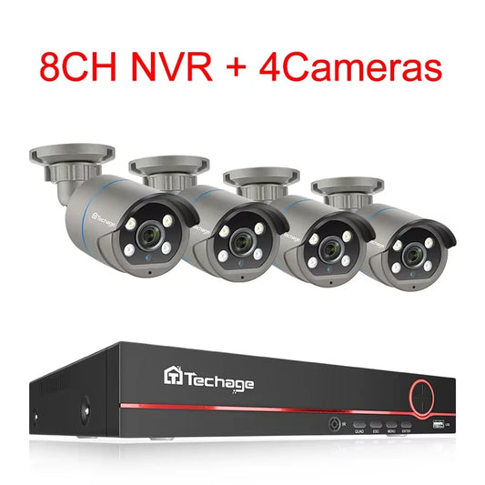 Комплект Techage 8CH HD 4MP POE NVR, система видеонаблюдения, H.265, обнаружение лиц, наружная двусторонняя аудио IP-камера, ком