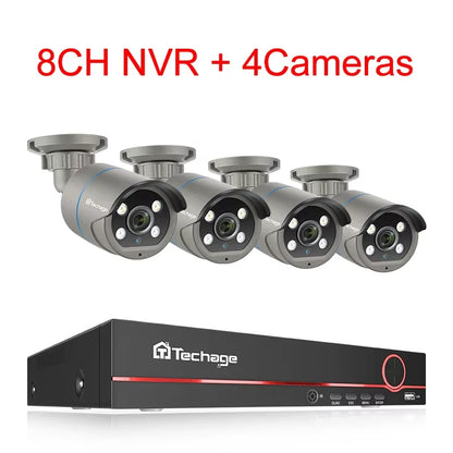 Комплект Techage 8CH HD 4MP POE NVR, система видеонаблюдения, H.265, обнаружение лиц, наружная двусторонняя аудио IP-камера, ком