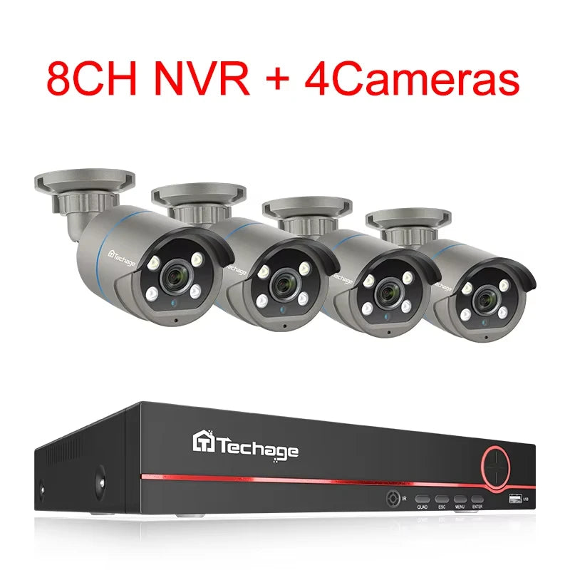 Комплект Techage 8CH HD 4MP POE NVR, система видеонаблюдения, H.265, обнаружение лиц, наружная двусторонняя аудио IP-камера, ком