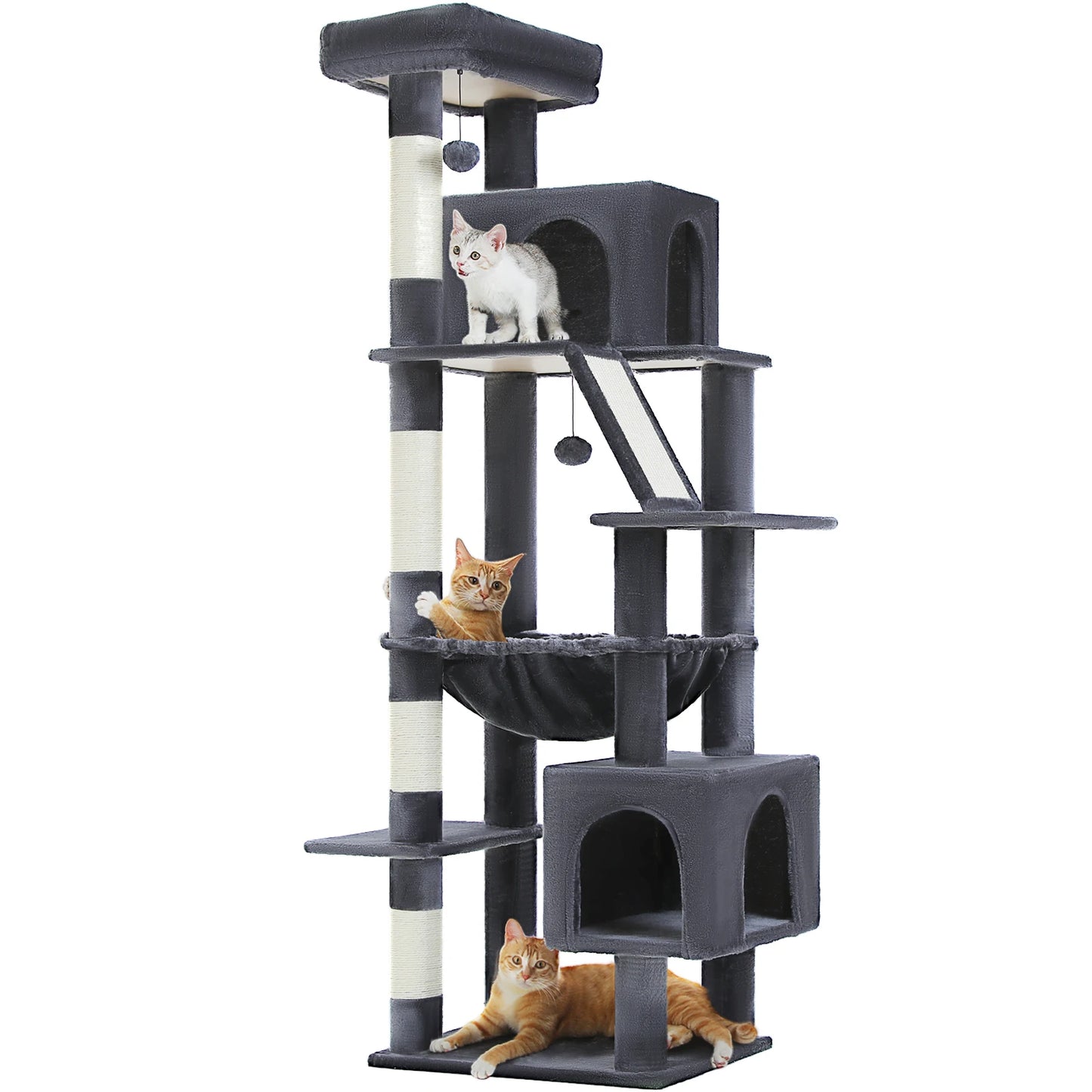 Kattenboom - Krabpaal - Kattenkrabpaal - Krabton - Krabpalen - Kattenhuis - Hoge Kattentoren met Meerdere Niveaus - 2 Ruime Condos, Bed voor Binnenkatten - Donkergrijs