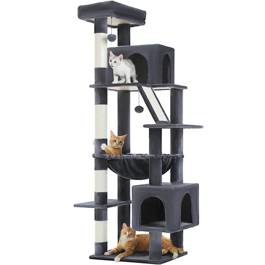 Kattenboom - Krabpaal - Kattenkrabpaal - Krabton - Krabpalen - Kattenhuis - Hoge Kattentoren met Meerdere Niveaus - 2 Ruime Condos, Bed voor Binnenkatten - Donkergrijs