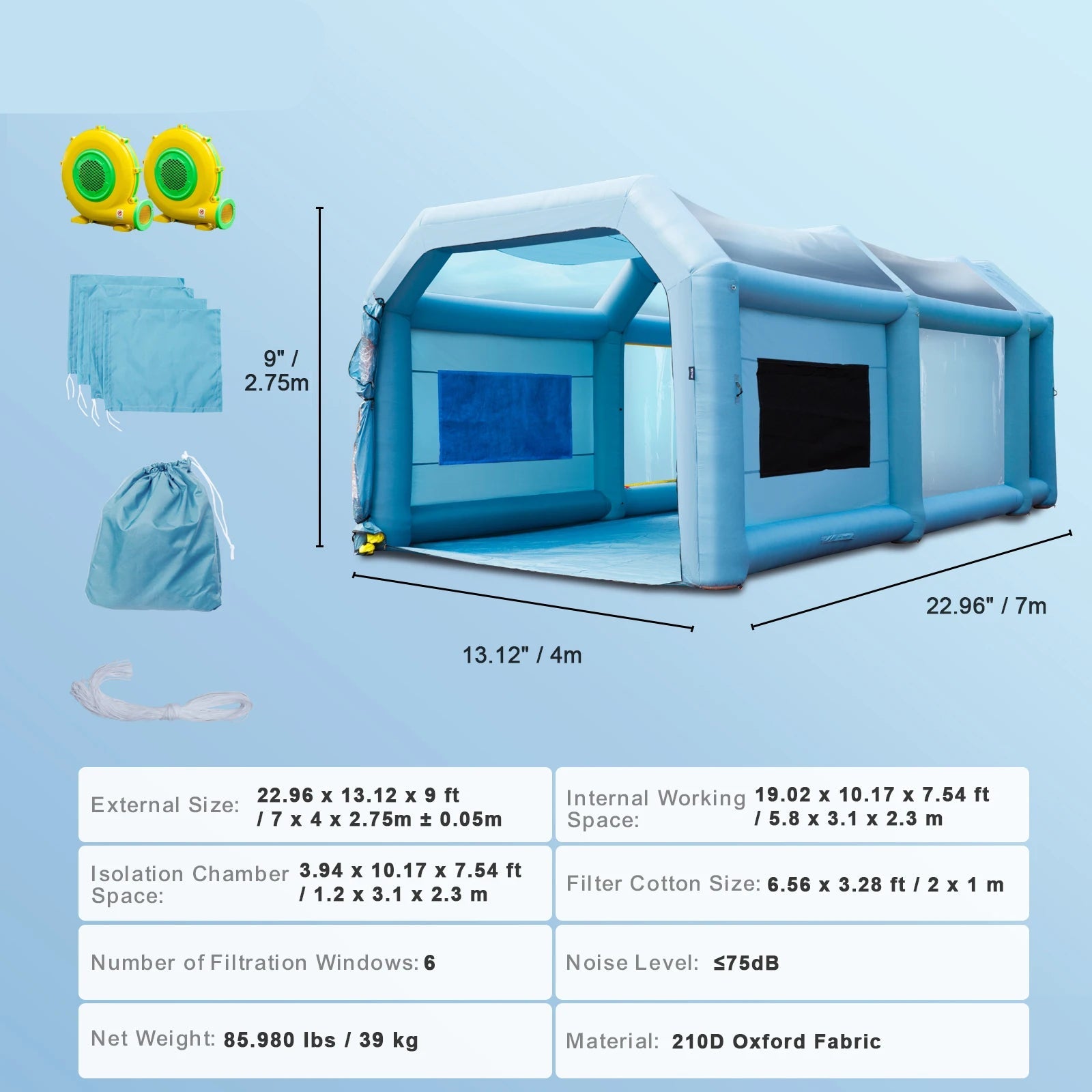Opblaasbare Spuitcabine - Verfcabine - Verftent - Spray Booth - 7x4x2.75m - met Luchtfilters en Ventilatoren - Mobiele Spuittent - voor Auto's en Meubels - QUORE