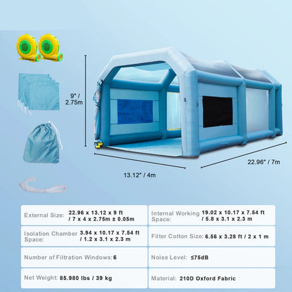 Opblaasbare Spuitcabine - Verfcabine - Verftent - Spray Booth - 7x4x2.75m - met Luchtfilters en Ventilatoren - Mobiele Spuittent - voor Auto's en Meubels - QUORE