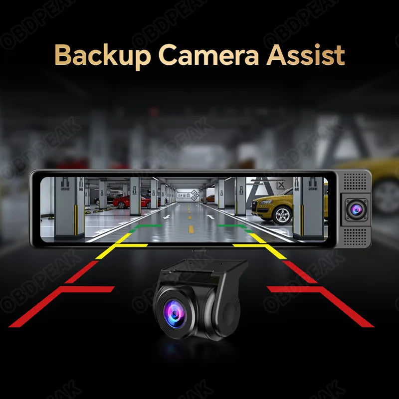 Dashcam voor Auto - WiFi - Dashcams - FullHD video - Met 3 camera's - Super compact - 16:9 - 10.26 inch Scherm - Zwarte doos GPS - Zwart