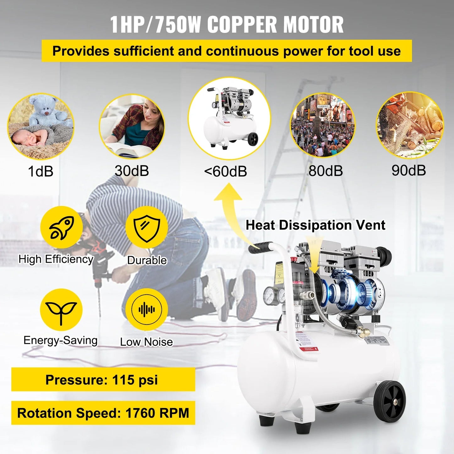Airpress compressor - Luchtcompressor - Compressor - Stille Compressor - 50L - 1 PK - 750W - Olievrije Compressor met Stalen Tank - Ultra Stil - Draagbare - voor Werkplaats en Thuisgebruik