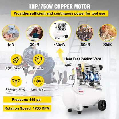 Airpress compressor - Luchtcompressor - Compressor - Stille Compressor - 50L - 1 PK - 750W - Olievrije Compressor met Stalen Tank - Ultra Stil - Draagbare - voor Werkplaats en Thuisgebruik