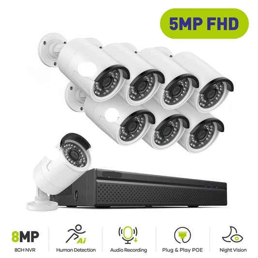 Beveiligingscamerasysteem - Camerabewaking - Beveiligingscamera - POE Camera Kit - 8CH NVR - 8 Camera's - Nachtzicht - Waterdicht - Audio & Bewegingsdetectie - 4K HDMI Output - Binnen en Buiten - Ingebouwde HDD: 2T