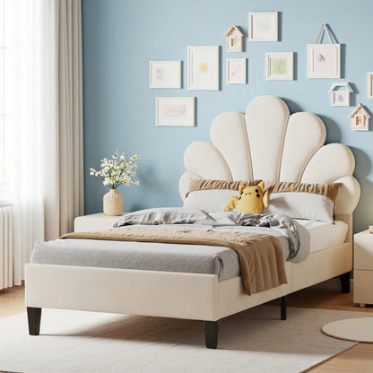 Kinderbed – Eenpersoonsbed – Bedbank – Kinderbedje – Peuterbed – Beige Velvet Bekleding – Bloemenkroon Hoofdeinde – 90x200 cm – Stevig MDF Frame – 200 kg Belastbaar