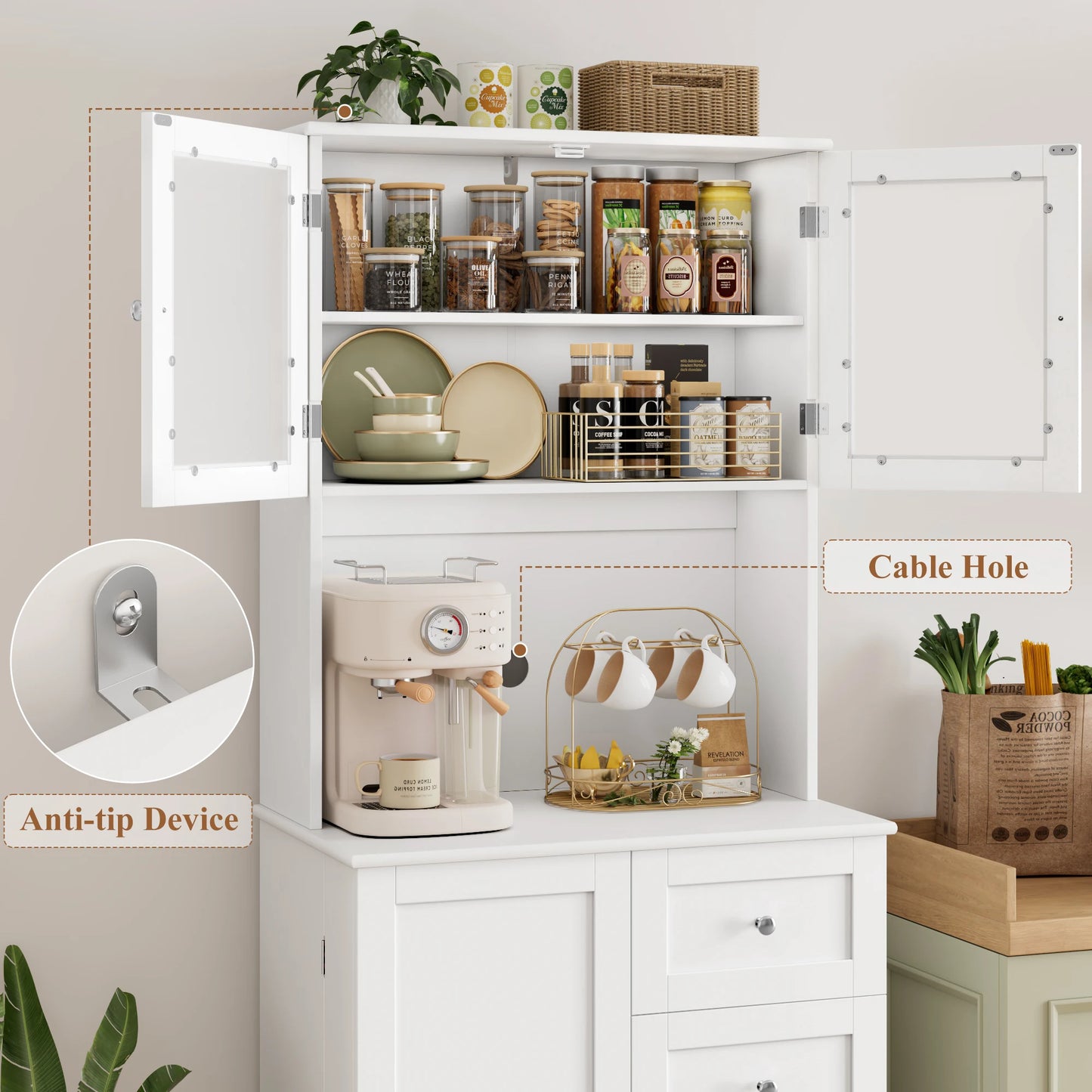 Hoge keukenkast – keukenkast met lades – buffetkast – voorraadkast – opbergkast – wit – 182,5 cm hoog – MDF met matte afwerking – glazen deuren en werkblad met kabeldoorvoer