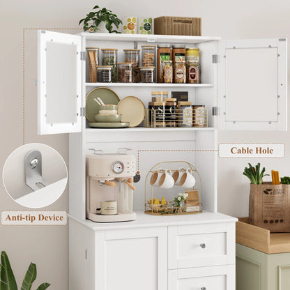 Hoge keukenkast – keukenkast met lades – buffetkast – voorraadkast – opbergkast – wit – 182,5 cm hoog – MDF met matte afwerking – glazen deuren en werkblad met kabeldoorvoer