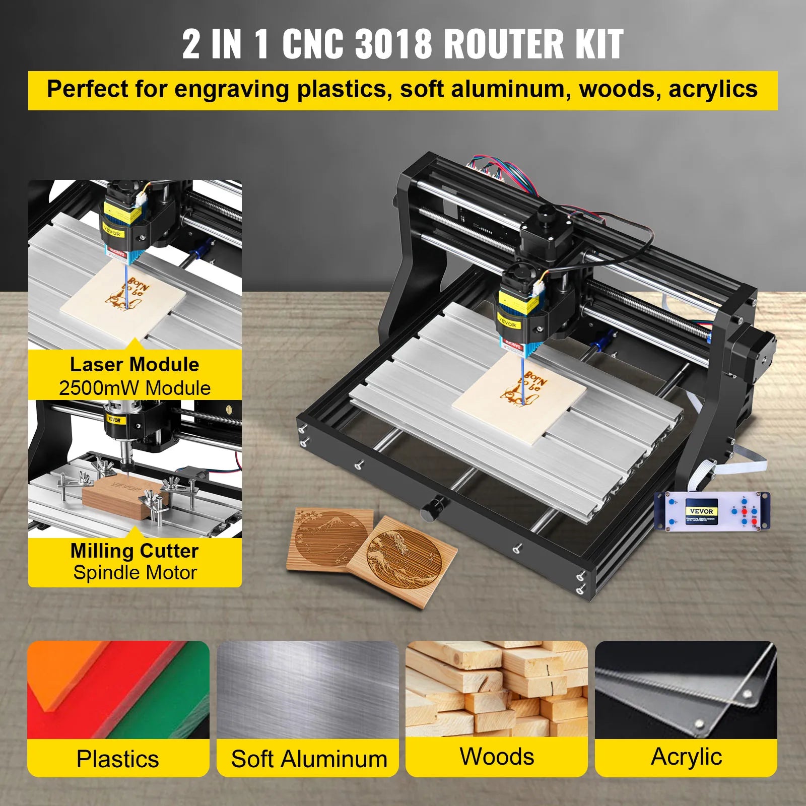 Laser graveermachine - Lasersnijmachine - Lasergraveren - Lasersnijmachine - 3018 PRO 0,5W Laser - met Lasermodule 3-assig - voor doe-het-zelf houtbewerking - QUORE