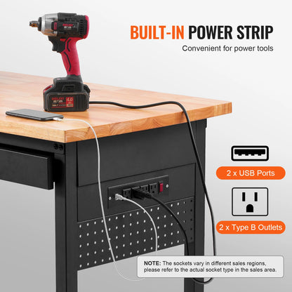 Verstelbare Werkbank - Werktafel - Industriële Werkbank - Garage Werkbank - Kantoor Tafel - 1500lbs - 60x24 Inch - Eikenhouten - met Lade - Pegboard - Wielen & Stroomvoorziening - Voor Garage - Werkplaats & Kantoor