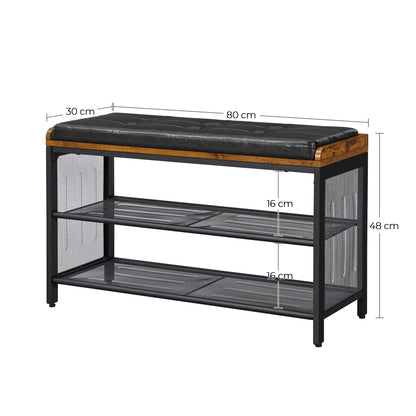 Schoenenbank Met Zitkussen - Schoenenrek - Halbank - Bank - 80 cm x 30 cm x 48 cm - Zwart/Donkerbruin - QUORE