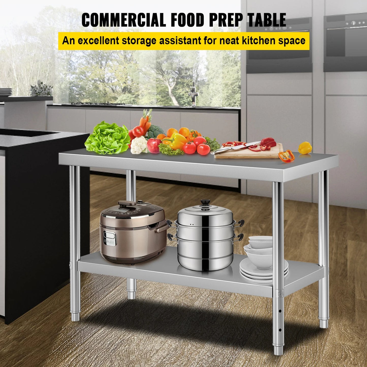 Roestvrijstalen Werktafel - Keukentafel - Keuken Werktafel - Keukeneiland - Werkbank - Verstelbare Onderniveau - 48x24x34inch - Industriële Werktafel RVS - Met Opbergruimte