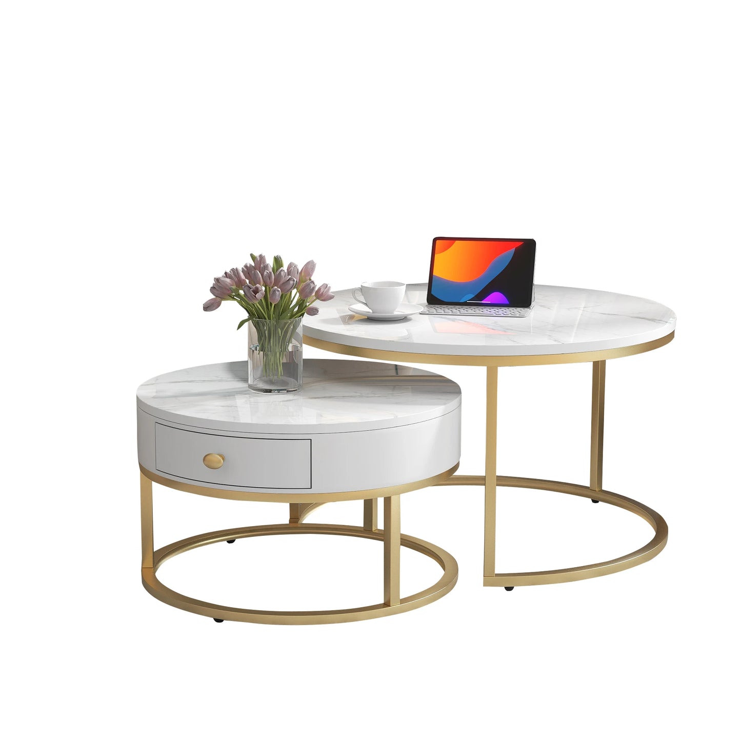 Nesting Salontafel Set – Ronde Bijzettafels – Coffee Table – Woonkamertafel – Hoogglans Marmerlook – Zwart – Ruimtebesparend Design – MDF Bladen