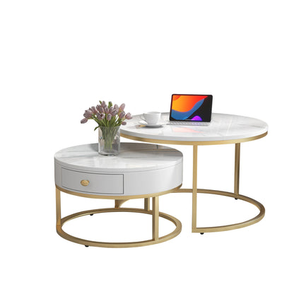Nesting Salontafel Set – Ronde Bijzettafels – Coffee Table – Woonkamertafel – Hoogglans Marmerlook – Zwart – Ruimtebesparend Design – MDF Bladen
