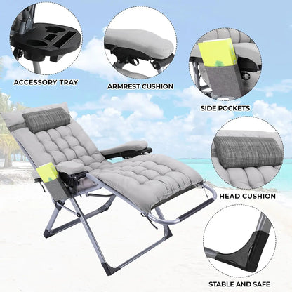 Ligstoel - Tuinstoel - Ligstoel Tuin - Verstelbare Tuinstoel - Standenstoel - Set van 2 - Opvouwbare - Zero Gravity Stoelen – Extra Grote Ligstoelen met Katoenen Kussen – Zwart – Tot 160kg - QUORE