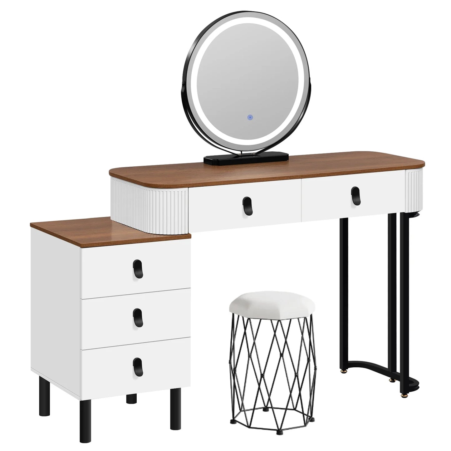 Make-up tafel – Kaptafel – Make-up meubel – Make-up bureau – Variant bruin met kruk – Dimbare 3-stand LED-verlichting – 5 ruime lades van duurzaam MDF