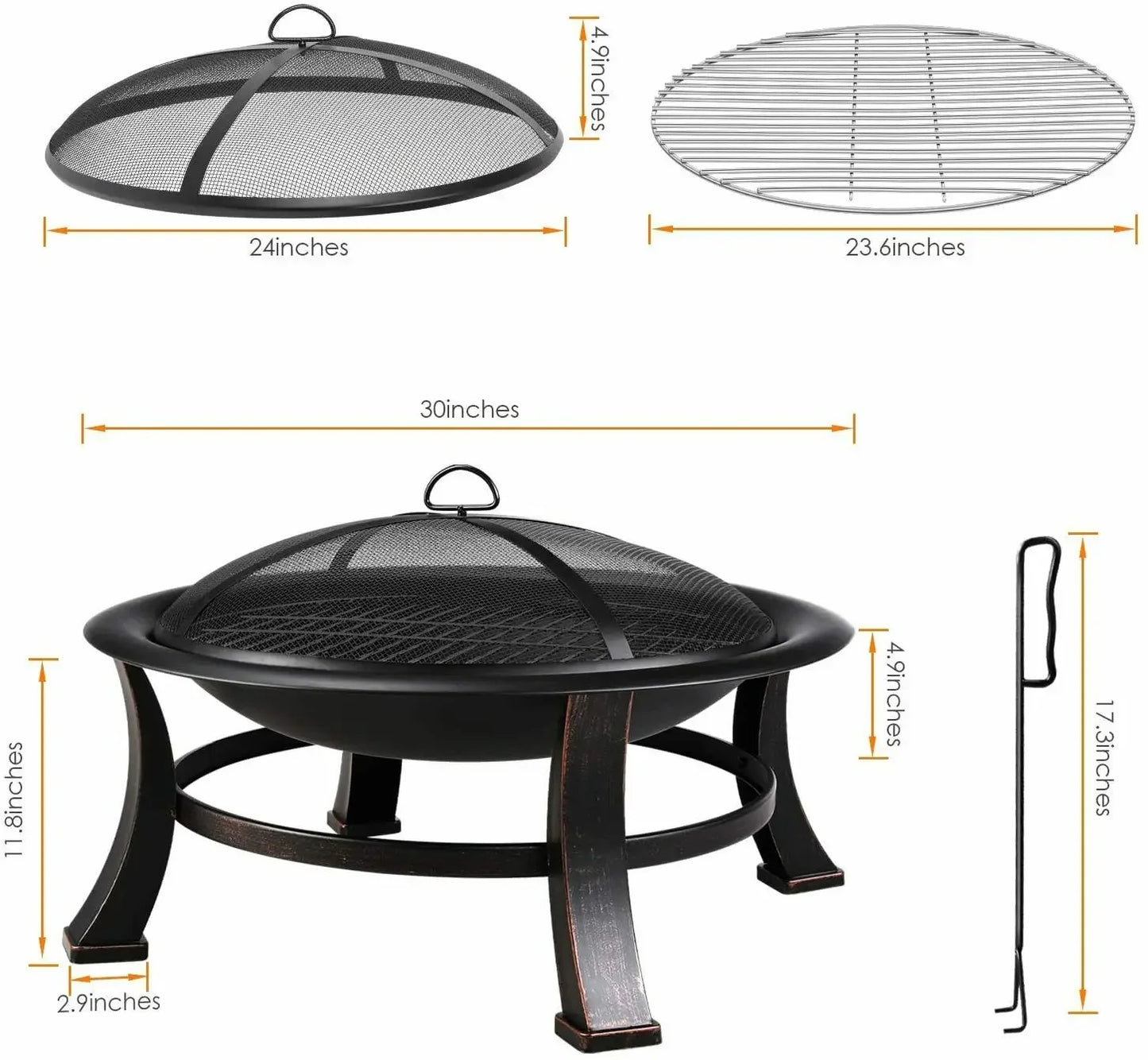 Outdoor Fire Pits Garden Wood Burning Fireplace, 30" Round Firepit Bowl with BBQ Grill, Cooking Grate, Spark Screen, Fire Poker - QUORE