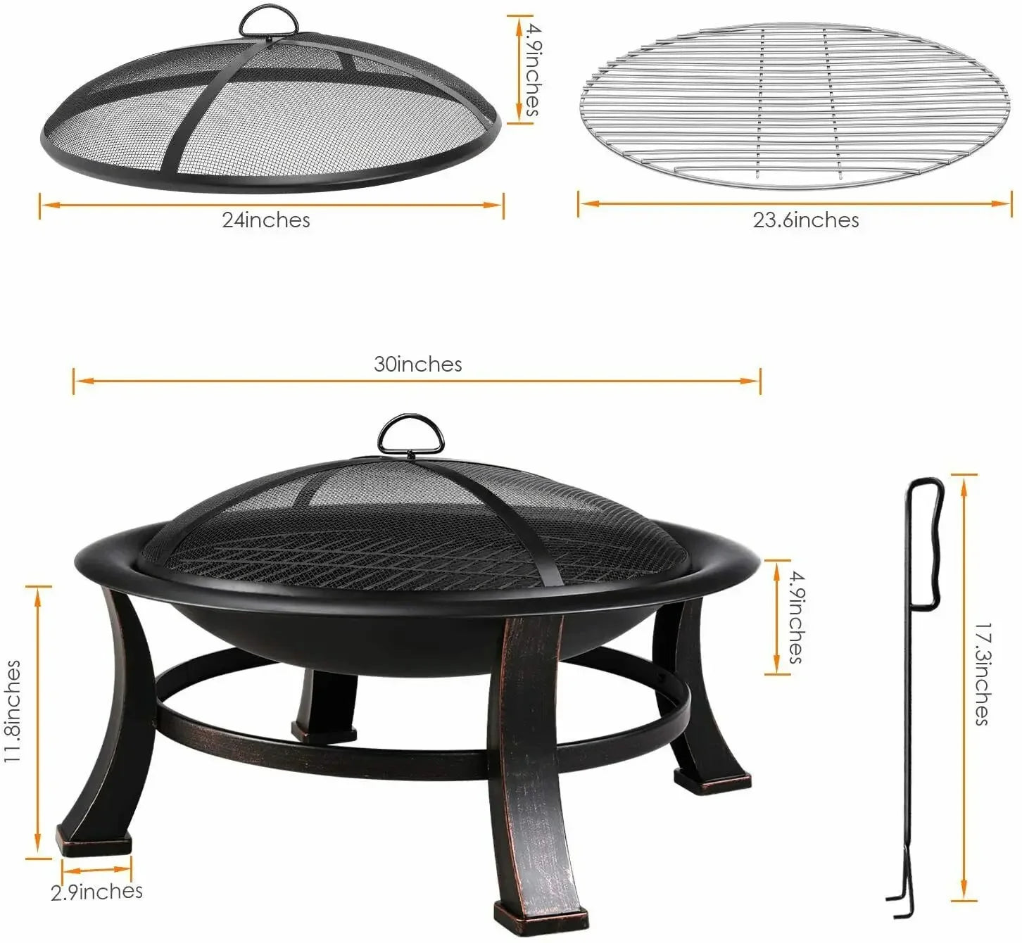 Outdoor Fire Pits Garden Wood Burning Fireplace, 30" Round Firepit Bowl with BBQ Grill, Cooking Grate, Spark Screen, Fire Poker - QUORE