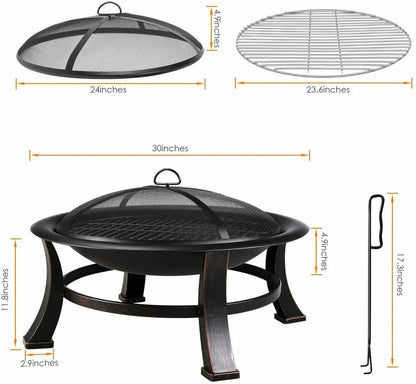 Outdoor Fire Pits Garden Wood Burning Fireplace, 30" Round Firepit Bowl with BBQ Grill, Cooking Grate, Spark Screen, Fire Poker - QUORE