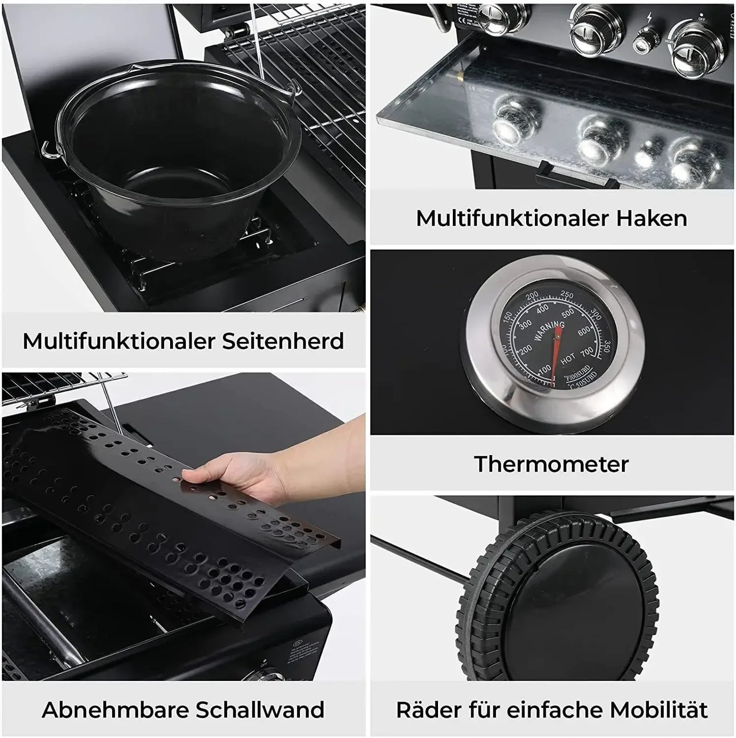 Gasbarbecue – Buitenkeuken Grill – Tuinbarbecue – 4-Pits BBQ – Zijbrander – RVS Branders – Ingebouwde Thermometer - QUORE