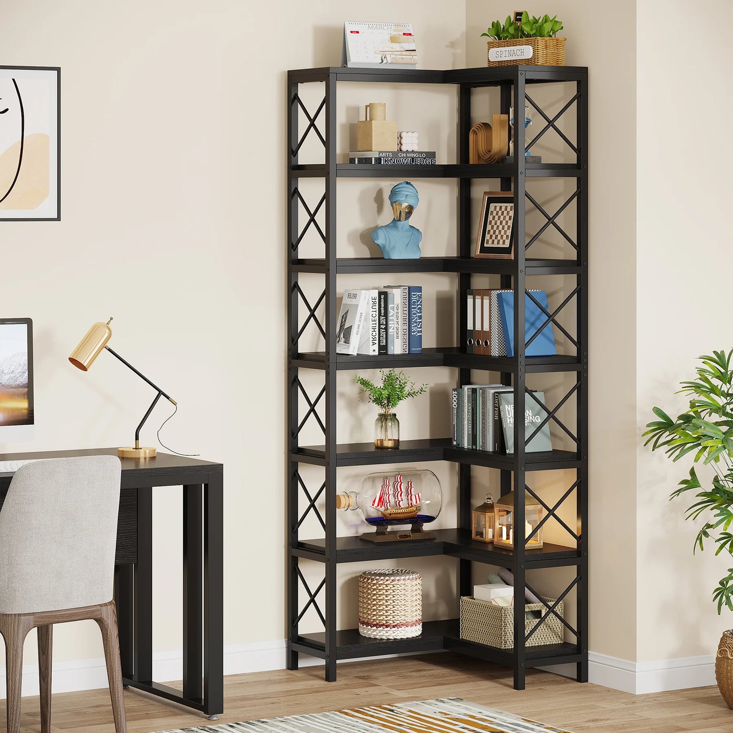 Hoeksalonkast – Hoekkast – Boekenrek – Opbergkast – 7-Laags Metalen Frame – 60 Cm Breedte – Verstelbare Pootjes